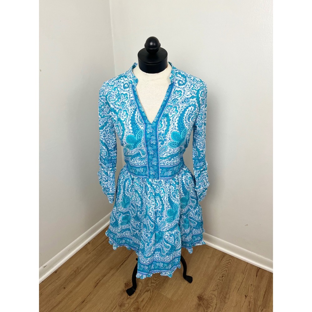 La Plage Boho Paisley Mini Dress Womens‎ Medium Blue Cotton Tiered Ruffle Sleeve